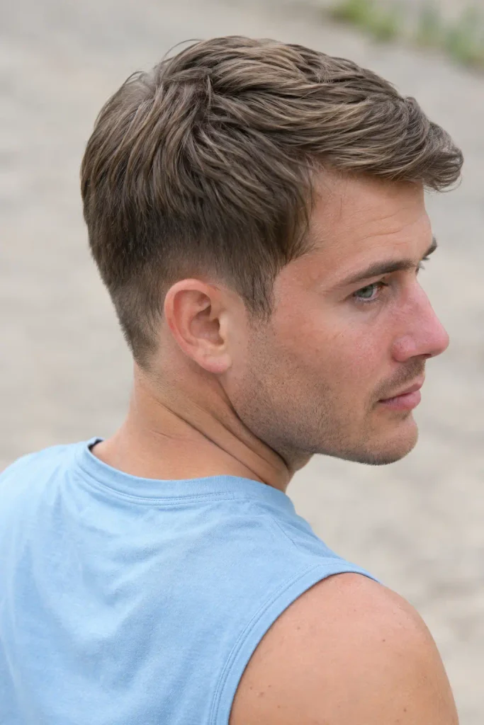 white man with medium-brown hair styled in a refined Ivy League haircut, viewed from a rear three-quarter angle outdoors.