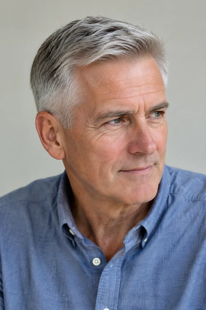 Older white man in his early 60s with a classic Ivy League haircut, neatly styled silver-gray hair with tapered sides and a textured side-swept top, showing natural mature facial features, realistic skin texture, and a casual blue shirt in a close-up portrait.