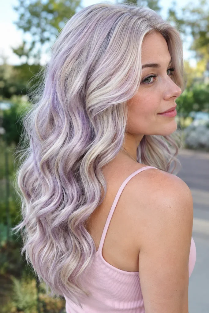 Young white woman with long lavender-blonde wavy hair featuring pale creamy blonde and soft violet tones, photographed from the side outdoors in natural daylight.