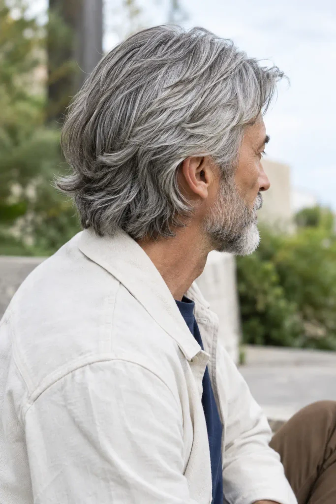 Layered medium-length gray hair for versatile Hairstyles for Men Over 60.
