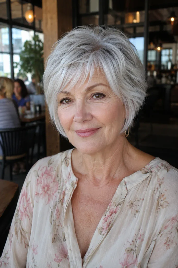 67-year-old woman with short layered silver-white hair and soft face-framing pieces, seated in a café.