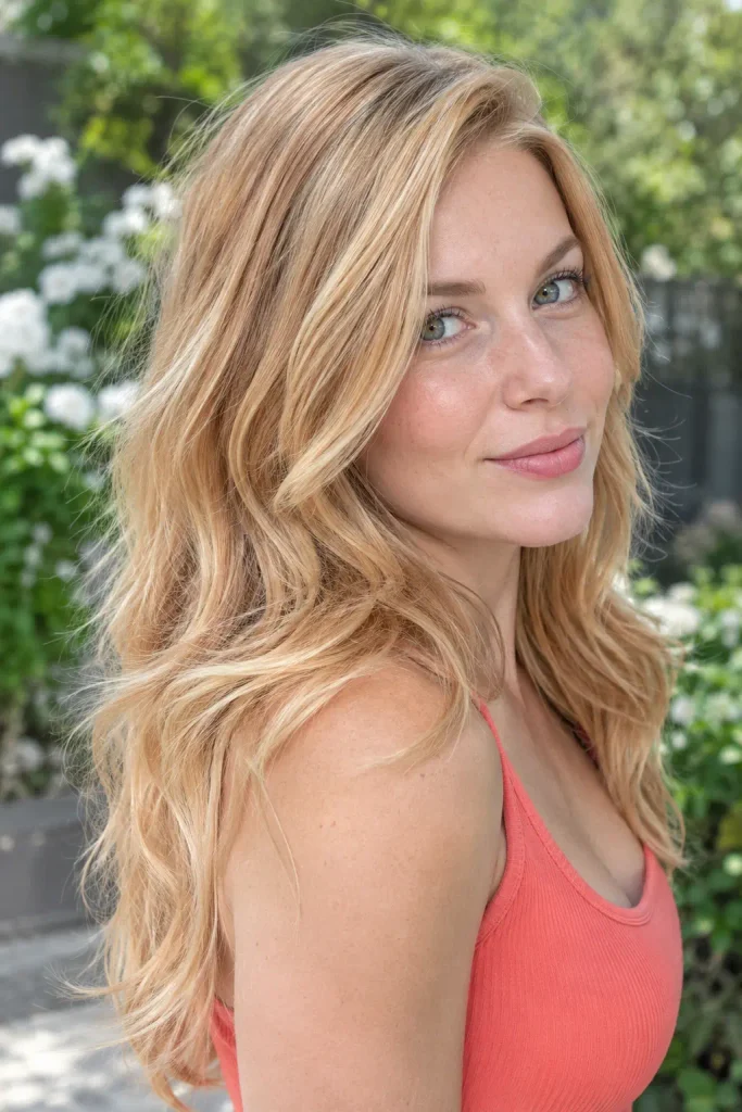 young woman with long light strawberry-blonde hair, soft waves, feathered layers, and subtle golden-peach highlights, wearing a coral sleeveless top outdoors.