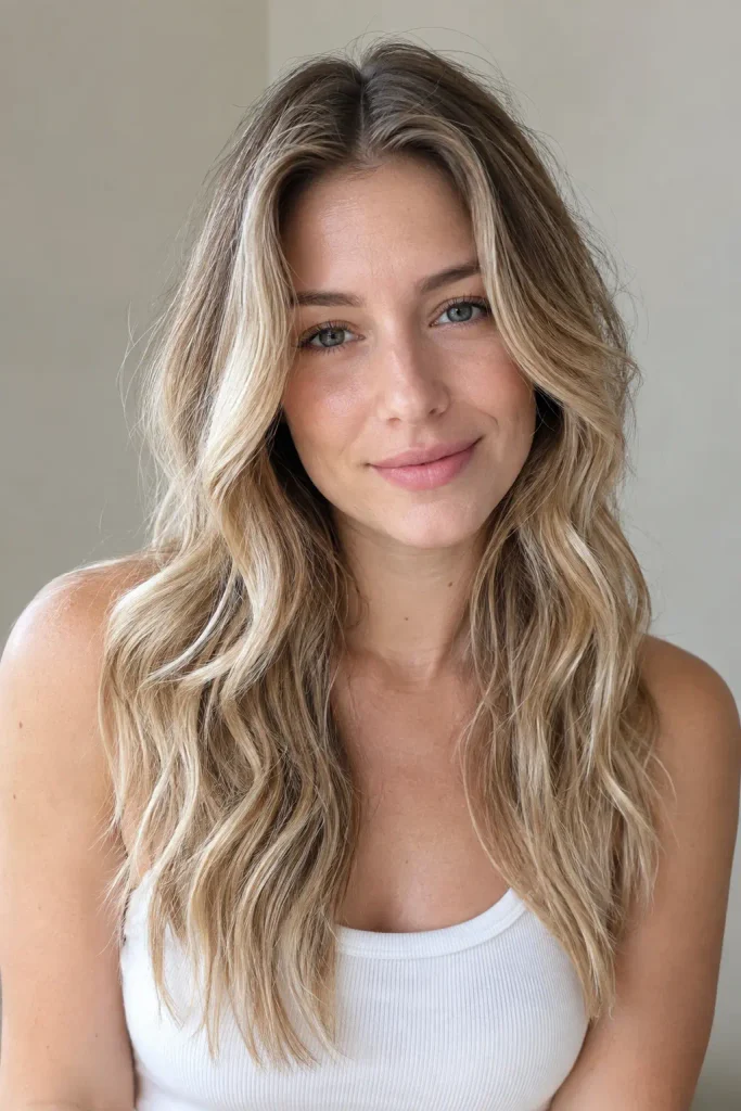 Young white woman with lived-in beige blonde balayage hair, subtle darker roots, and loose medium-long waves with natural dimensional texture