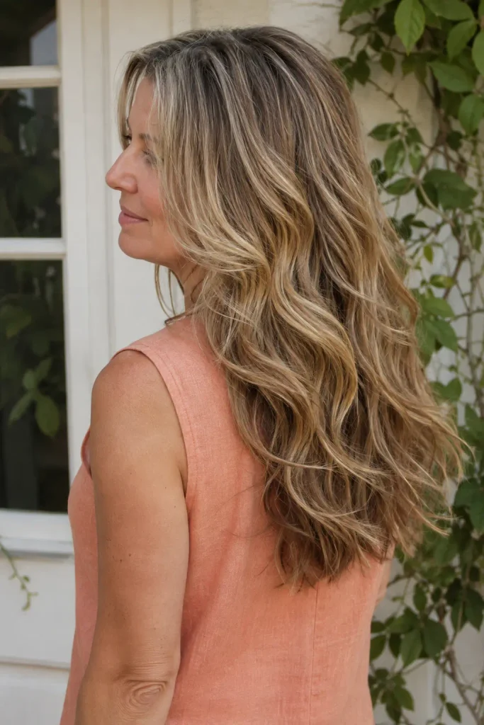 Photorealistic portrait of a 46-year-old white woman with long layered soft waves and a natural middle part, elegant face-framing layers, and flowing textured hair, wearing a peach sleeveless top in natural daylight.
