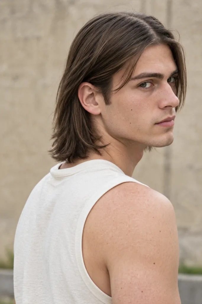 Long straight hairstyle with a clean middle part and smooth, sleek lengths.
