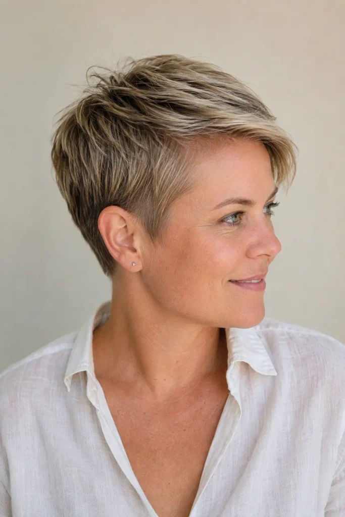 a white woman in her late 30s with a round face wearing a modern long-top pixie haircut with tapered sides and back, textured lifted crown, and subtle side-swept styling, dressed in a crisp linen shirt against a simple cream background.