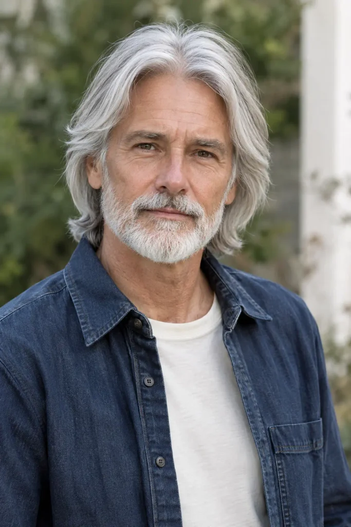 Longish gray center-flow style among Hairstyles for Men Over 60.
