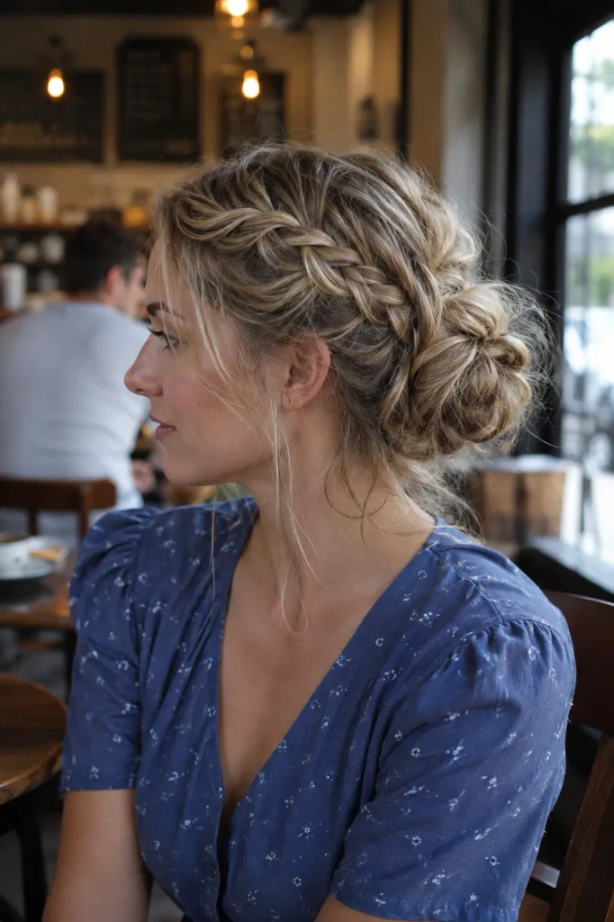 white woman with medium-length blonde hair styled in a loose braided bun, with detailed braids and wispy strands, wearing a blue dress in a cozy café.
