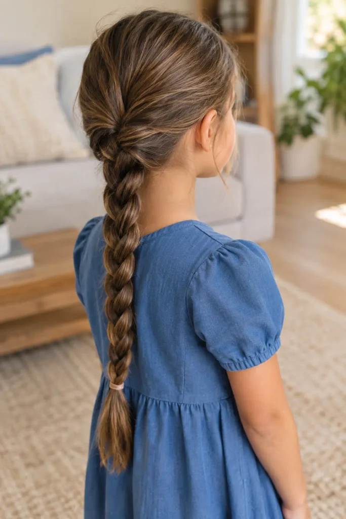 7-year-old girl with a long low braided ponytail, shown from a rear three-quarter angle, wearing a solid blue cotton dress in a warmly lit family home.
