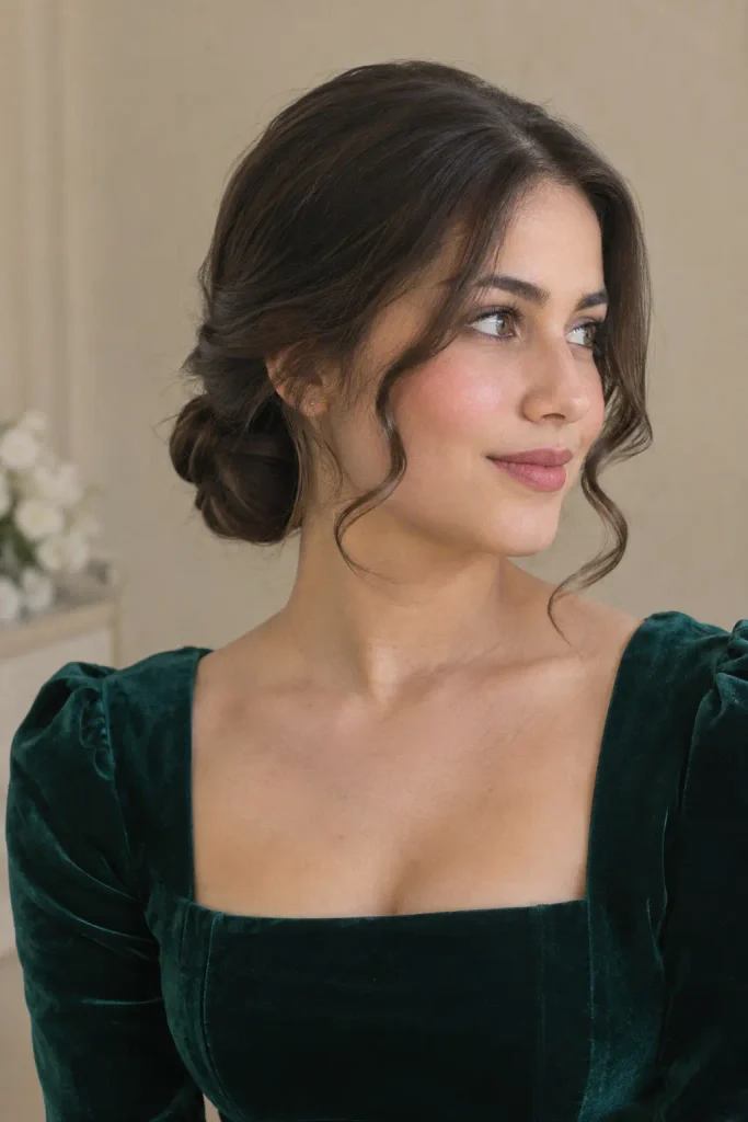 Young woman in her early 20s wearing a deep emerald velvet square-neck dress with an elegant low chignon and softly curled face-framing strands, photographed in natural light against a neutral background.