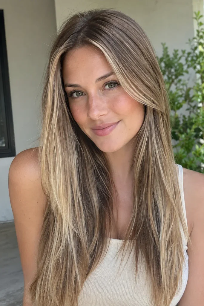a young woman with long straight dark blonde hair featuring subtle beige and champagne blonde highlights, wearing a cream sleeveless top outdoors in natural daylight.