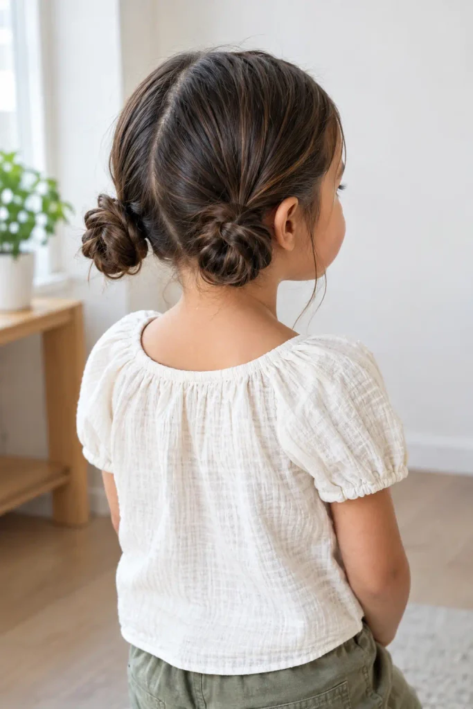 young girl with two neat low buns near the nape of her neck, shown from a rear three-quarter view in natural indoor daylight.