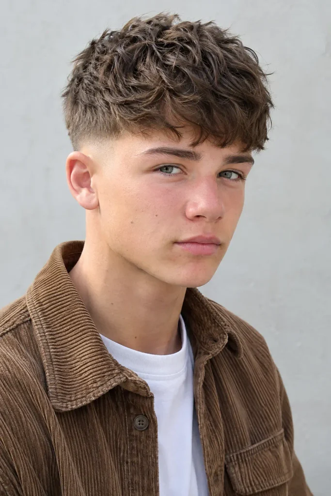 a teenage boy with a low fade and textured French crop, featuring softly blended sides, a forward-directed textured top, and short irregular fringe, wearing a light brown corduroy overshirt over a white T-shirt in natural daylight.