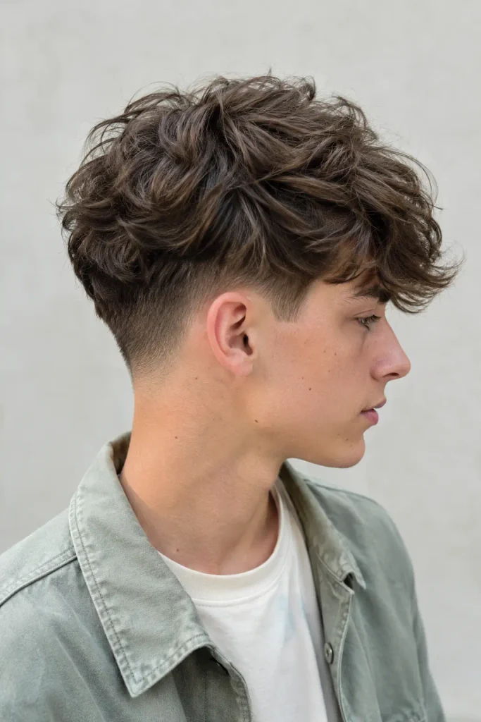 Real teenage boy with a low fade and long textured brown hair, photographed from a three-quarter side-rear angle, wearing a sage-green overshirt and cream T-shirt.

