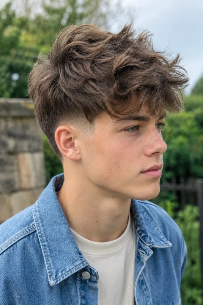 Photorealistic white teenage boy with a low fade and messy textured top, wearing a denim shirt over a cream T-shirt outdoors in natural daylight
