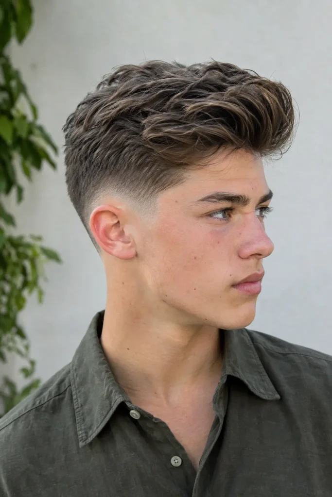Photorealistic white teenage boy with a low fade and modern textured pompadour, featuring swept-back volume, natural hair strands, and realistic texture, photographed from a side three-quarter angle in natural daylight