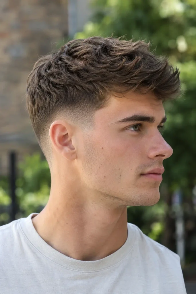 Young white man with medium brown textured hair and a precise low fade haircut, shown in a close side-three-quarter outdoor portrait.