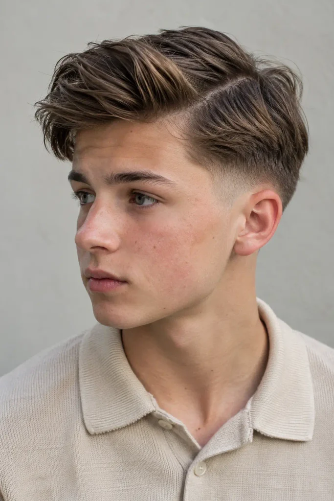 Photorealistic white teenage boy with a low fade and natural side-part haircut, textured brown hair, light beige knit polo shirt, and realistic skin texture in a side-front portrait.
