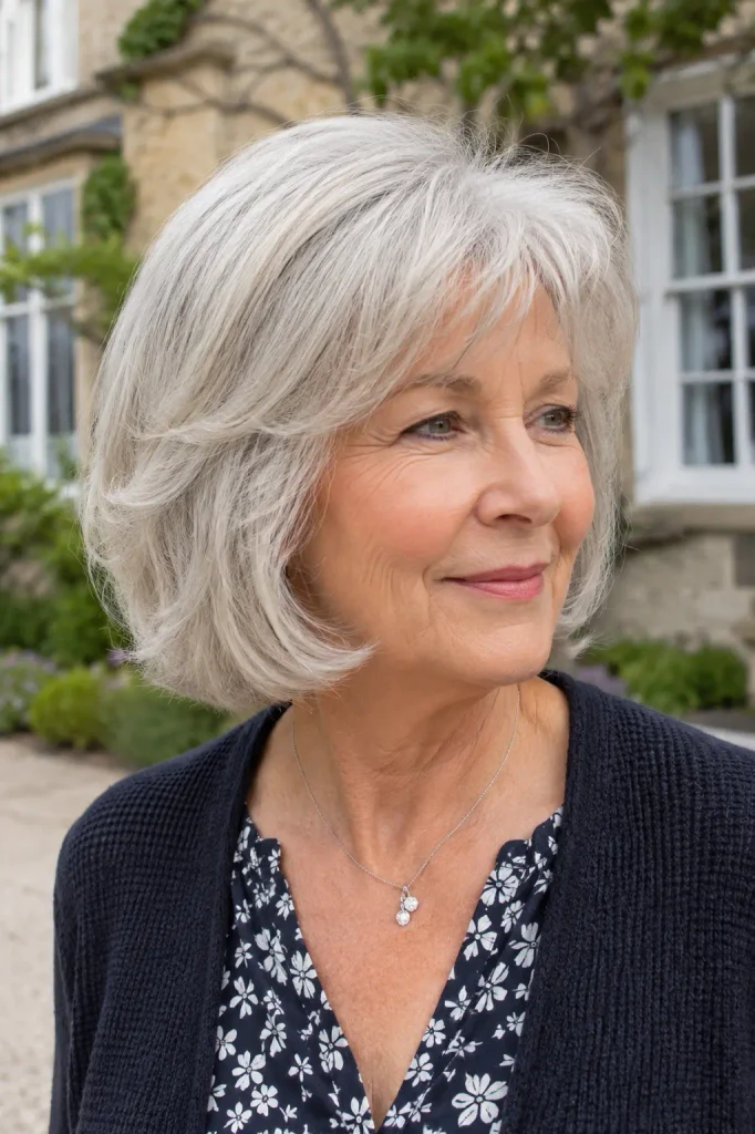 a mature white woman in her late 60s with fine silver-white hair in a low-maintenance feathered bob, standing outside a beautiful English house in soft natural daylight.