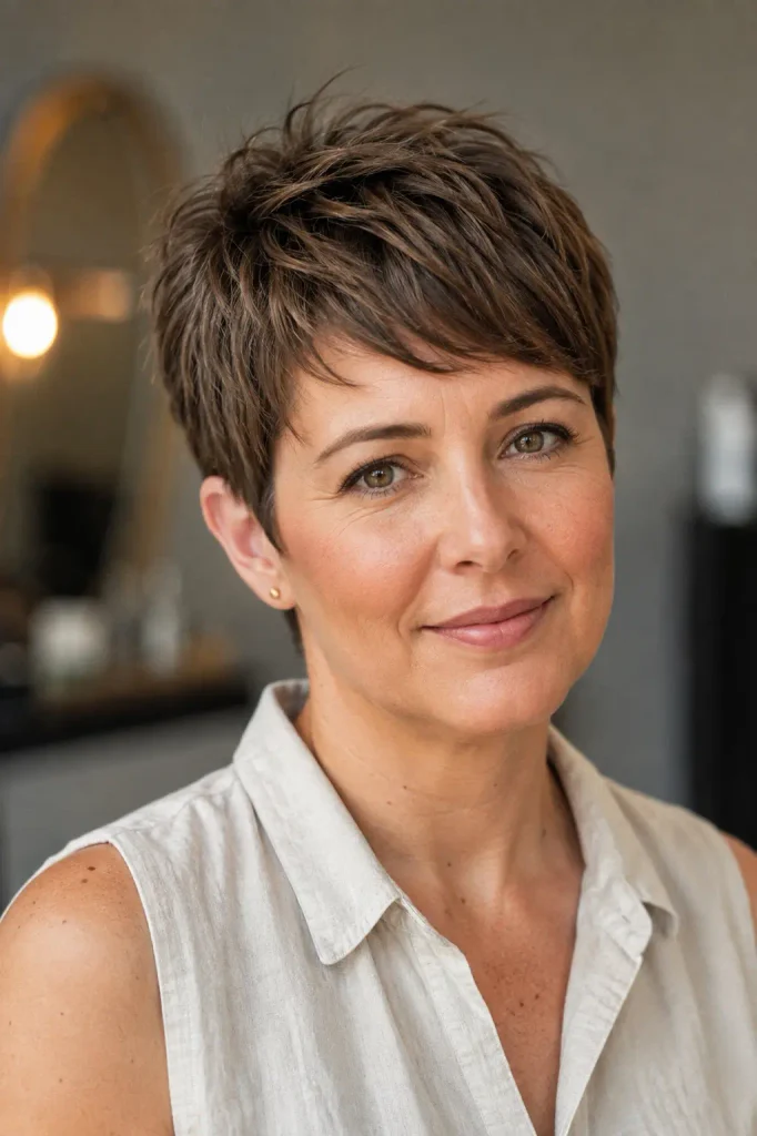 white woman in her late 30s with a round face wearing a chic low-maintenance textured crop haircut with tapered sides, a softly lifted crown, and piecey natural layers, styled in a light linen blouse.