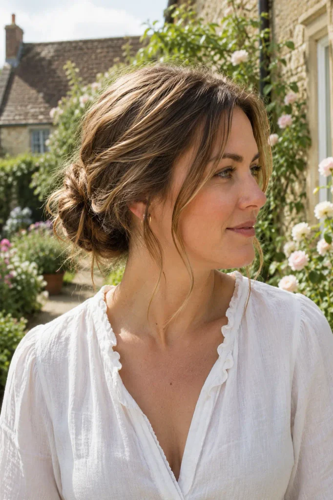 white woman with a round face wearing a Medium Length Updos low messy bun for medium-length hair, with loose face-framing strands, natural volume, and textured hair, photographed in an English garden in soft daylight.