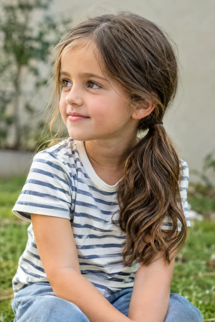 Young girl aged 6–8 with a low side ponytail draped over one shoulder, slightly wavy brown hair, and a striped cotton shirt, shown from a three-quarter side angle outdoors in natural daylight.
