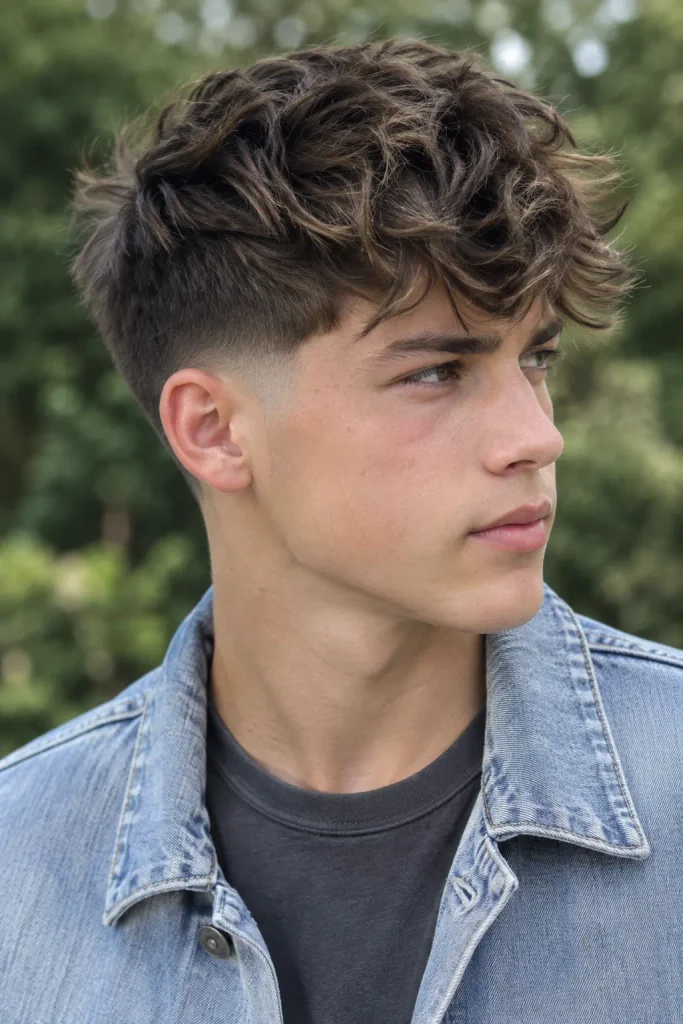 teenage boy with a low taper fade and heavily textured medium-length top, wearing a light denim jacket over a charcoal T-shirt, shown from a three-quarter side angle outdoors.