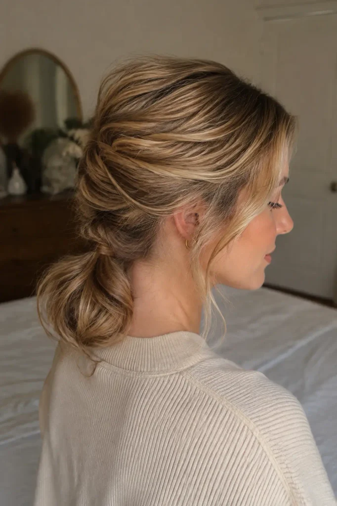 woman wearing a low twisted ponytail updo with soft volume, loose face-framing strands, and detailed textured twists, photographed in a cozy room with natural lighting and an elegant casual outfit.