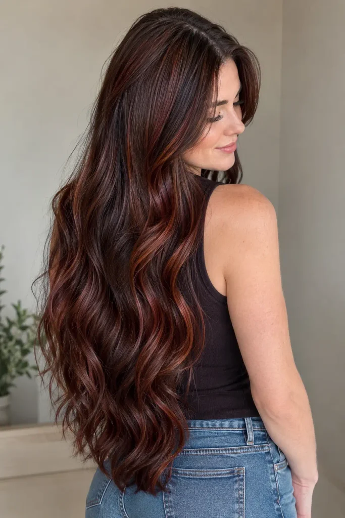 young white woman with extremely long, thick mahogany brown hair styled in glossy layered waves, showing rich brunette, auburn, and subtle burgundy undertones in natural daylight.