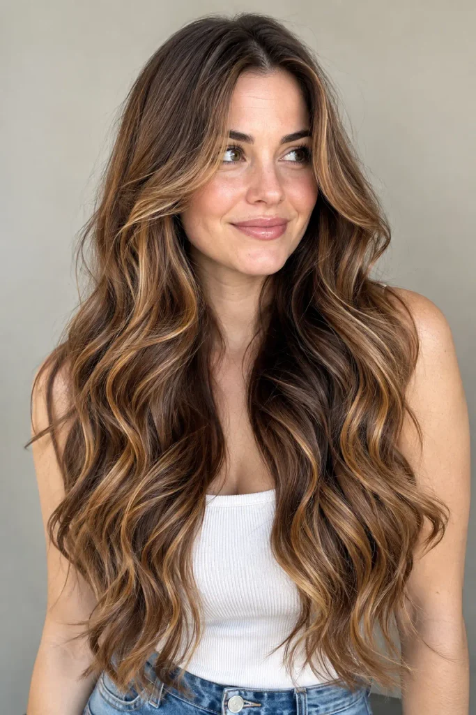 Long brunette hair with luxurious maple brown balayage, warm caramel and golden-brown highlights, and flowing loose waves on a young woman.
