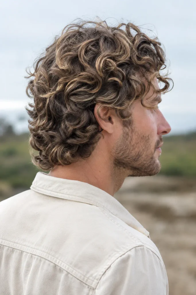 Photorealistic white man with medium-length layered dark blonde curly hair, showing defined curls and natural texture in an outdoor side-rear portrait.