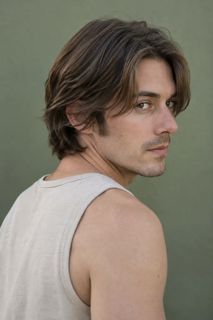white man with medium-length chestnut-brown layered hair, jaw-length face-framing layers, and a subtle center part, photographed from a three-quarter rear angle.