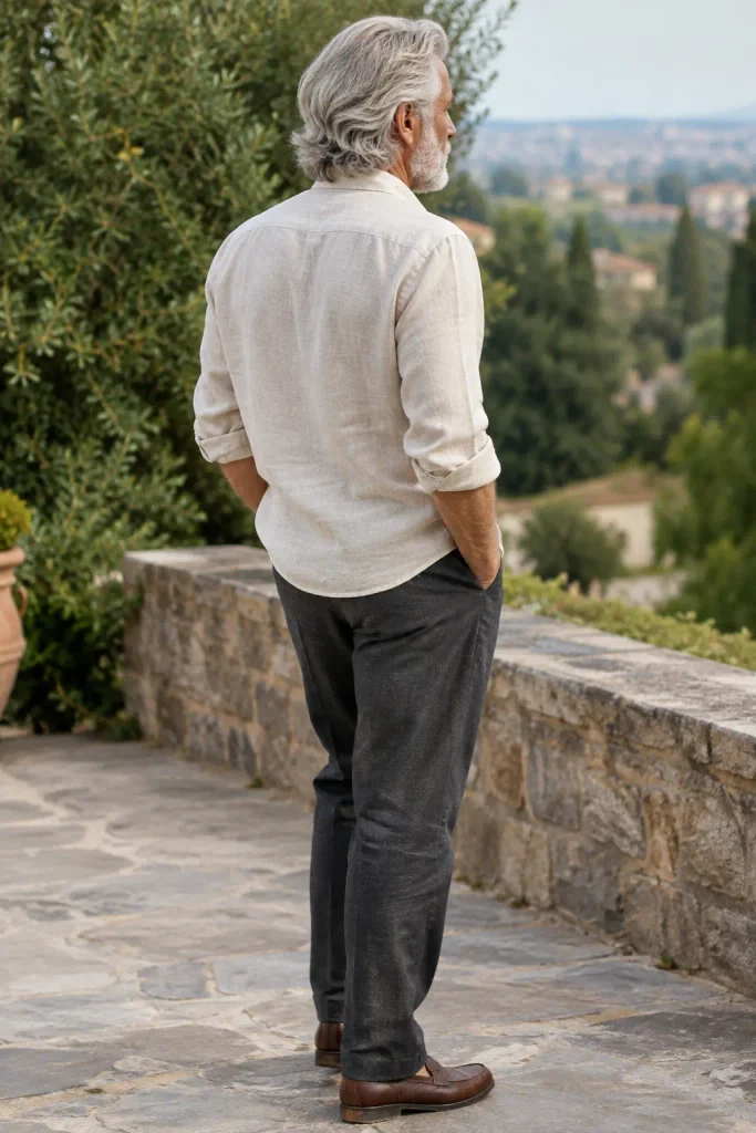 A 69-year-old man with medium-length swept-back layered white-gray hair and a neatly trimmed white beard, viewed from the rear three-quarter angle outdoors, wearing a cream linen shirt, charcoal trousers, and brown leather shoes.