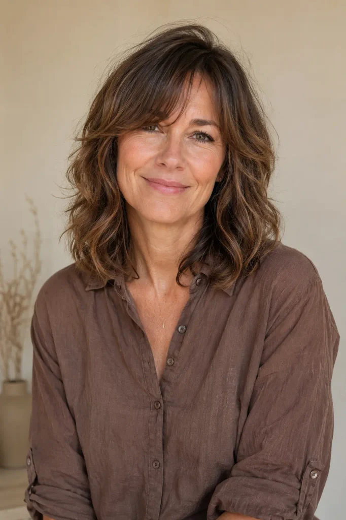 A photorealistic white woman aged 43–48 with medium-length soft wavy brown hair, long side-swept bangs, and face-framing layers, wearing a brown linen shirt in natural daylight.
