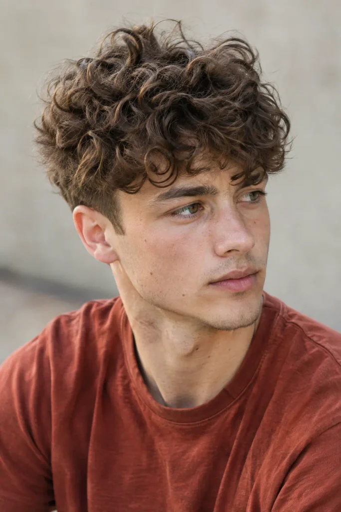 Young white man with messy medium brown curly hair and softly tapered sides, wearing a rust-colored T-shirt in natural daylight.