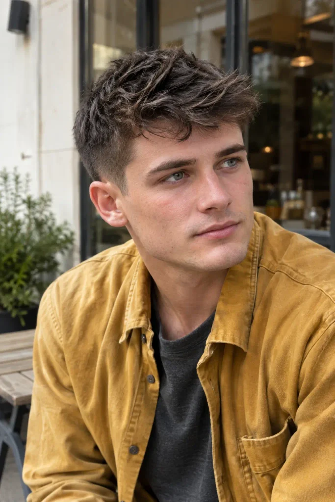 Photorealistic young man with a messy textured crew cut and short clean sides, wearing a mustard-yellow overshirt over a charcoal T-shirt outside a café.