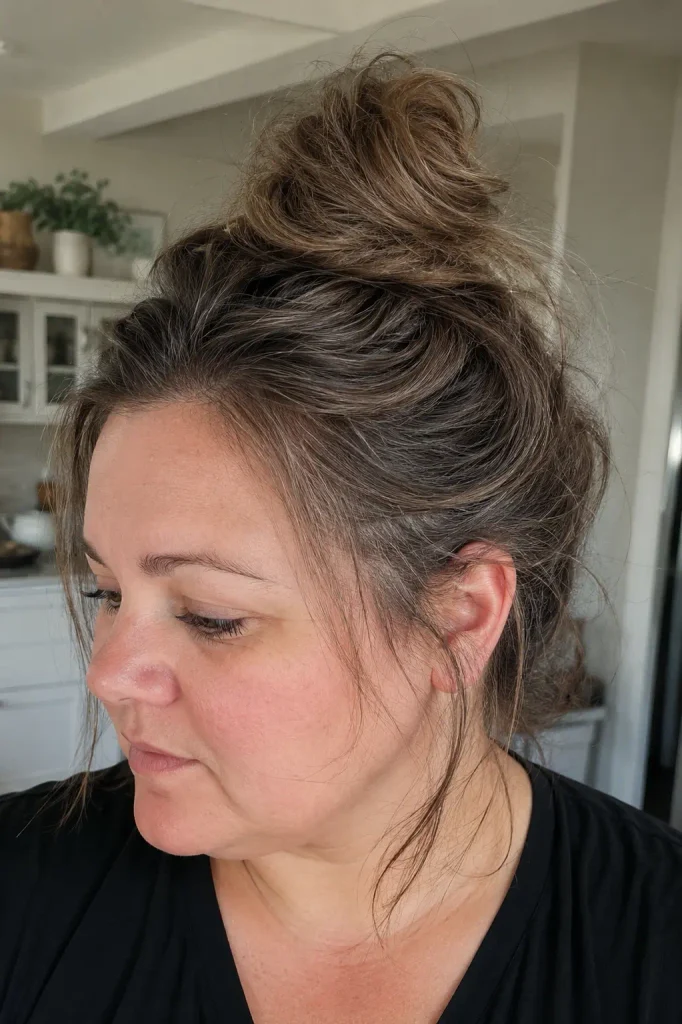 white woman with a round face wearing a messy top knot hairstyle on medium-length brown hair, with a textured bun, loose strands, natural volume, and realistic hair detail.