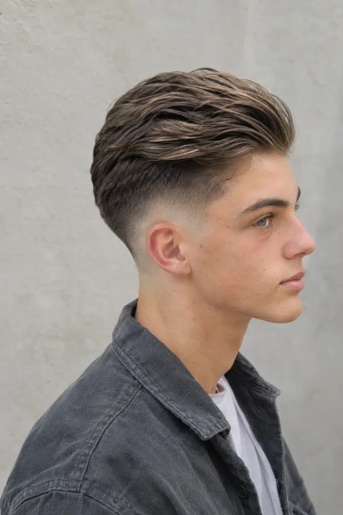 Photorealistic teenage boy with a mid drop fade and naturally slicked-back brown hair, showing detailed hair texture and a smooth fade transition, photographed from a three-quarter side angle in natural daylight.