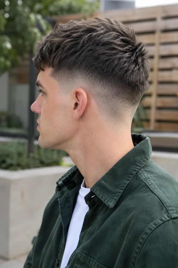 Young white man with a textured crew cut and defined mid fade, wearing a forest-green overshirt over a white T-shirt outdoors in natural daylight.