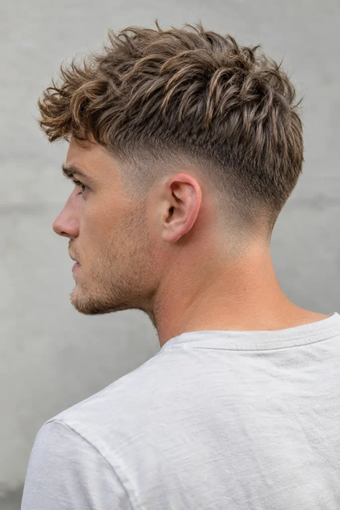 Young white man with a dark blonde textured crop and clean mid fade, viewed from a side-rear angle in natural daylight
