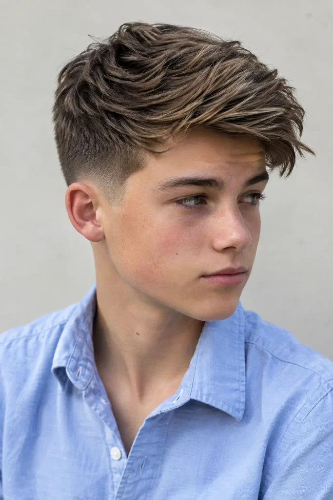 portrait of a white teenage boy with a modern textured comb-over and smoothly blended mid fade, wearing a light blue Oxford-style shirt in soft natural daylight.