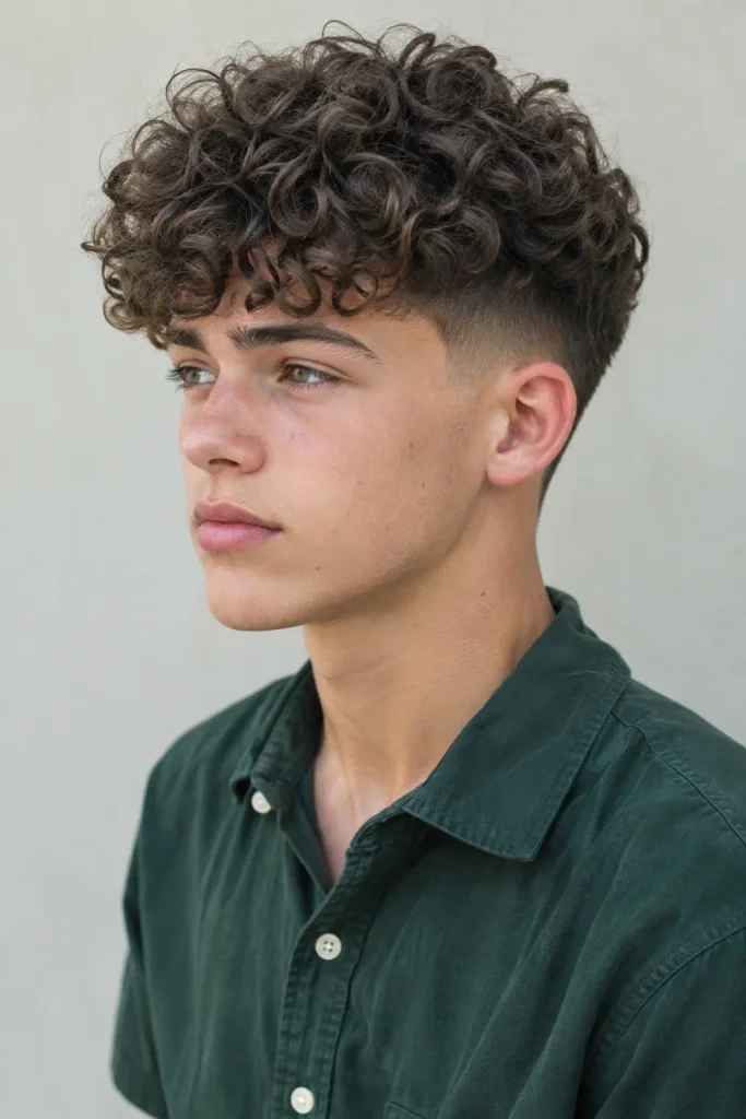white teenage boy with a mid fade and naturally curly medium-length top, defined curls and smoothly blended sides, photographed from a three-quarter side angle wearing a forest-green button-up shirt.