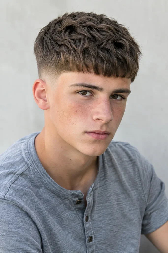 Photorealistic teenage boy with a textured Caesar haircut and mid fade, short tousled top, natural forward fringe, wearing a soft gray henley shirt in a three-quarter portrait.