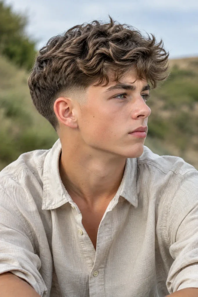 teenage boy with a naturally wavy top and mid fade haircut, shown from a three-quarter side angle, wearing a light stone-colored linen shirt with rolled sleeves outdoors in natural daylight.