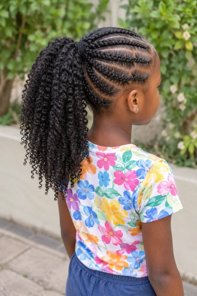 Black young girl with neat mini cornrows flowing into a natural textured curly ponytail, viewed from the rear three-quarter angle, wearing a colorful floral shirt and blue trousers outdoors.