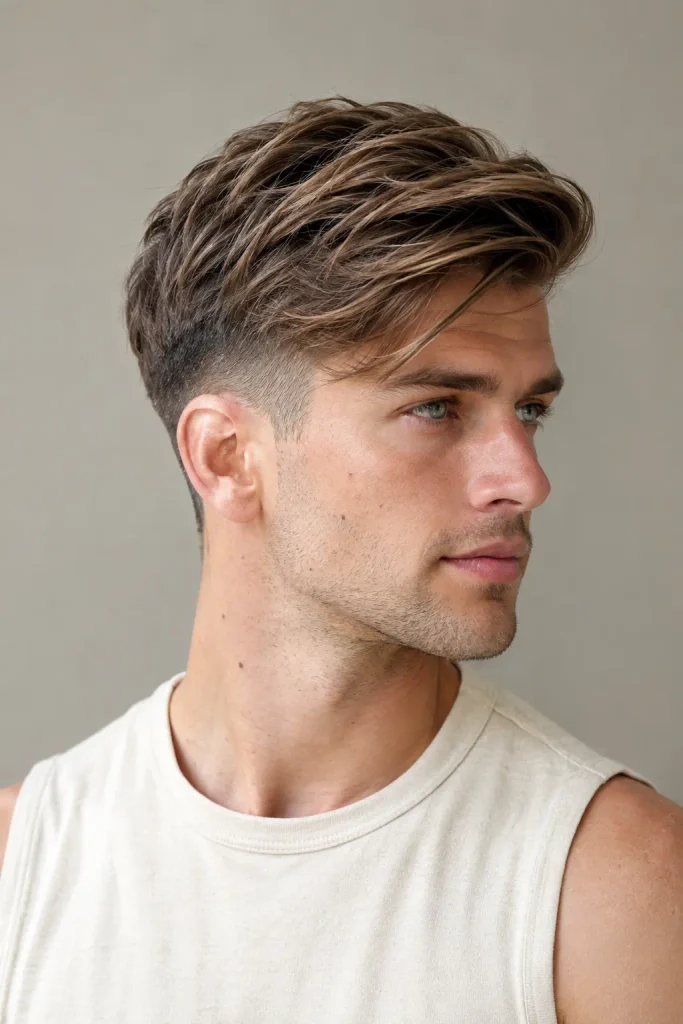 young white man with a modern textured light-brown comb-over haircut, long swept top, clean low fade, and natural hair texture, photographed in a three-quarter portrait.