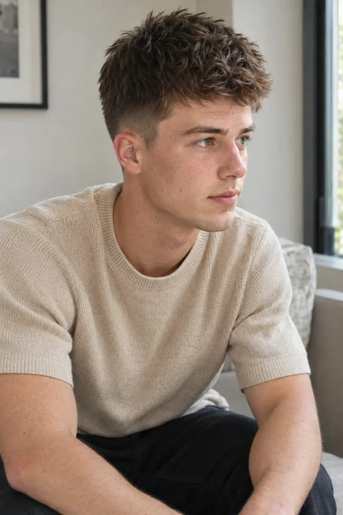 Young white man with a textured crew cut and tapered sides wearing a beige knit shirt indoors.