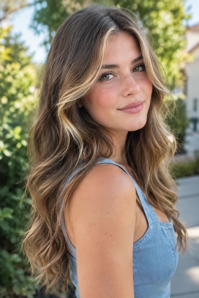 Long medium-brown wavy hair with soft honey-blonde money-piece highlights and subtle caramel balayage on a young woman outdoors in natural daylight.