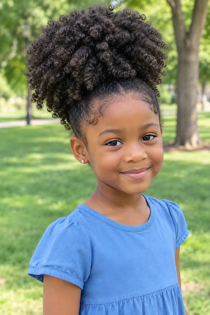 Young Black girl with a full natural afro puff, showing defined coily curls and realistic natural hair texture, wearing a simple blue cotton dress in a sunny park.
