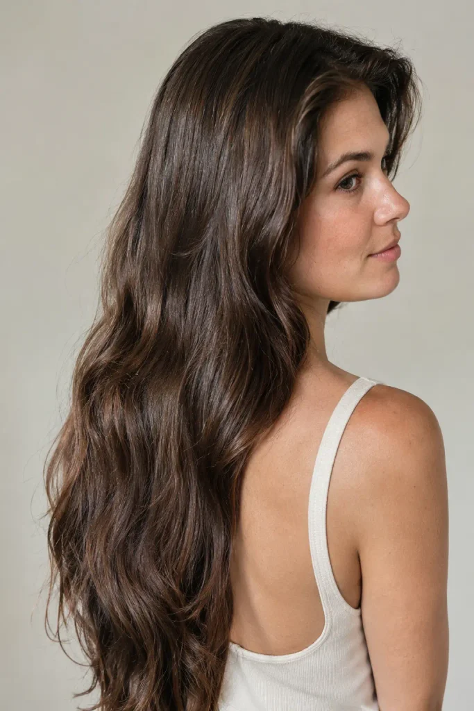Long glossy brunette hair with soft waves on a young woman shown from a rear three-quarter view, wearing a cream sleeveless top.